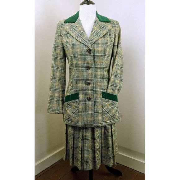 Vtg 60s Green Yellow Scottish Plaid Wool Blazer Skirt Suit Set Velvet Collar - Picture 2 of 9